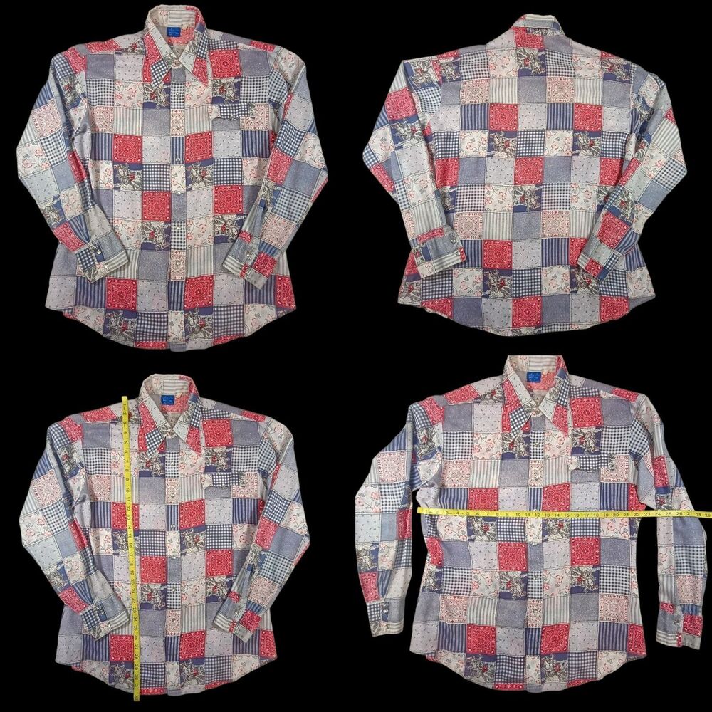 Vtg 70s Sears Western Shirt Mens XL 17-17.5 Pearl Snap Patchwork Cowboy Brushpop